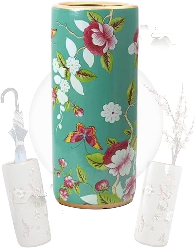 Decorative Ceramic Umbrella Stand - Porcelain Umbrella Holder Chinese Flower and Bird Print Vintage Floor Standing Vase Multi-Functional Cane Storage