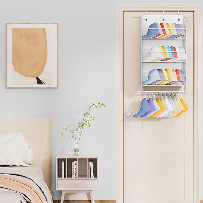 Over the Door Hat Rack - 3-Layer Design Hat Organizer Holds 30-36 Hats with 10 Hooks, Ideal Hat Rack for Door, Over the Door Organizer for Closet, Apartment, Bedroom, Dorm, 2 Pack, White