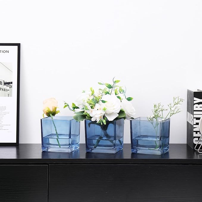 Square Glass Vases Set of 4, 4"x 4"x 4" Flower Vases for Centerpieces, Blue Glass Vase for Flowers, Small Vase for Wedding, Party, Home Office Decoration