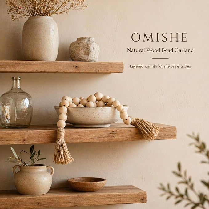 OMISHE 76" Long Extra Large Wood Bead Garland with 1.6" Diameter Wooden Beads and Tassels, Rustic Farmhouse Country Decorative Beads for Home Tiered Tray Decor, Natural Beige