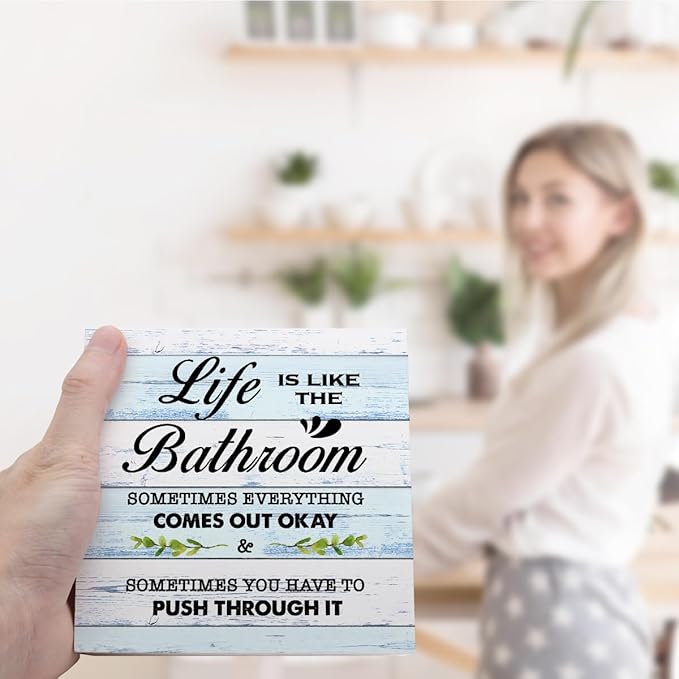 BlueL Life is Like The Bathroom Wooden Box Sign Desk Decor,Funny Bathroom Wood Block Sign for Farmhouse Toilet Shelf Decor