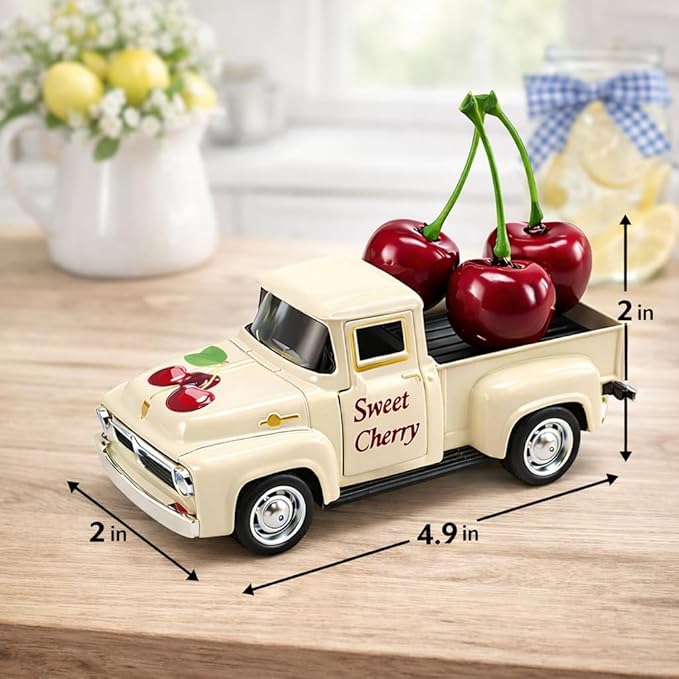 Cherry Truck Decor, Vintage Cream Pickup Truck with Cherry Arrangement, Rustic Farmhouse Summer Tiered Tray Decor, Kitchen Table Centerpiece, Home Office Shelf Decorations