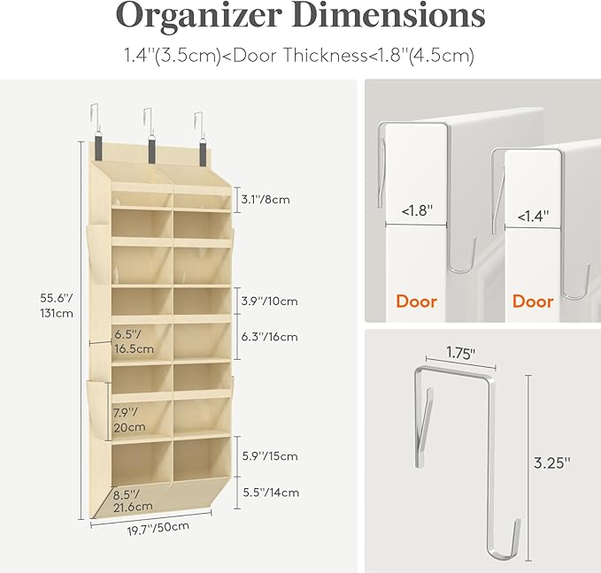 Lifewit 1 Pack Over the Door Organizer, Clear Window Hanging Storage with 4 Side Pockets, Anti Tilt 40 lbs Load Behind Door for Pantry, Nursery, Bathroom, Bedroom, Dorm, 10 Section, Beige