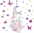 Dream Catcher Wall Hanging, Purple Boho Dreamcatcher Set with 12 Butterflies & 18 Stars - Peel and Stick Wall Decals for Bedroom, Girl's Room Decor, Birthday