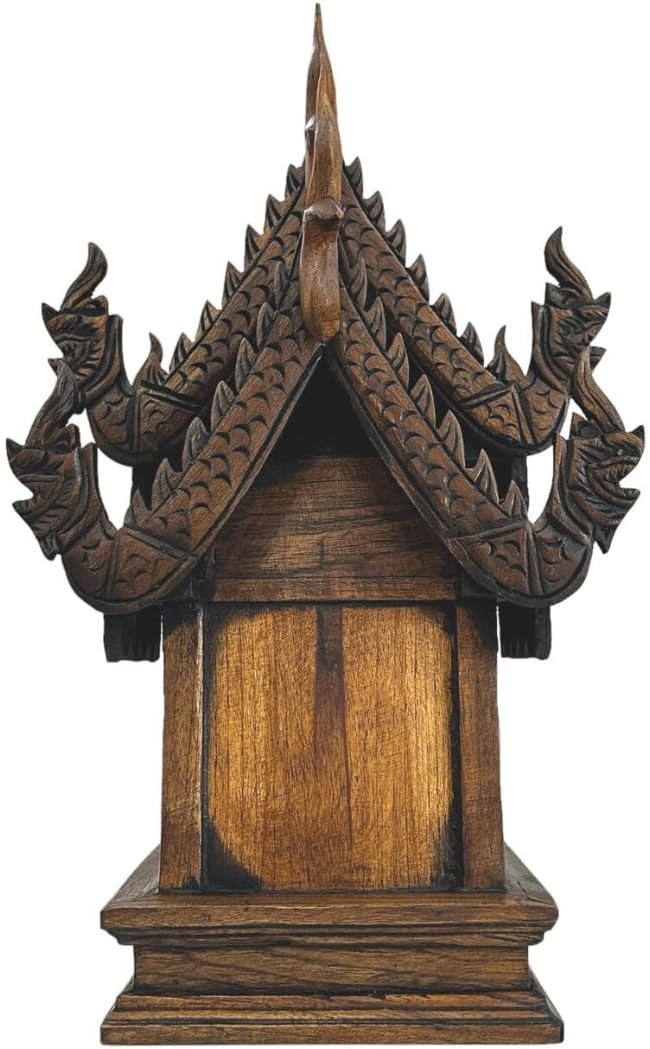 Large Wood Carved Thai Spirit House Model, Asian Inspired Home Decor, 15 Inches Tall