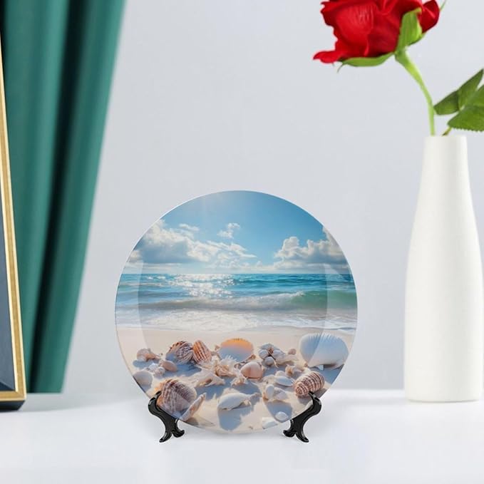 Shell Theme Decorative Ceramic Plate Round Porcelain Plate,8 inch,Beach Pattern,for Decorative Ornaments Giving Plates,1 Plate with 1 Display Stand,Off White Brown