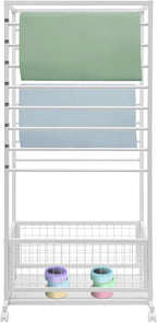 16-Layer Scarf Display Stand, Rolling Scarf Organizer Holder Hanging Rack with Wheels & Storage Basket for Retail Store Boutique Display Bedroom, W26.5*D16.9*H59in (White)