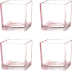 Square Glass Vases Set of 4, 4"x 4"x 4" Flower Vases for Centerpieces, Pink Glass Vase for Flowers, Small Vase for Wedding, Party, Home Office Decoration