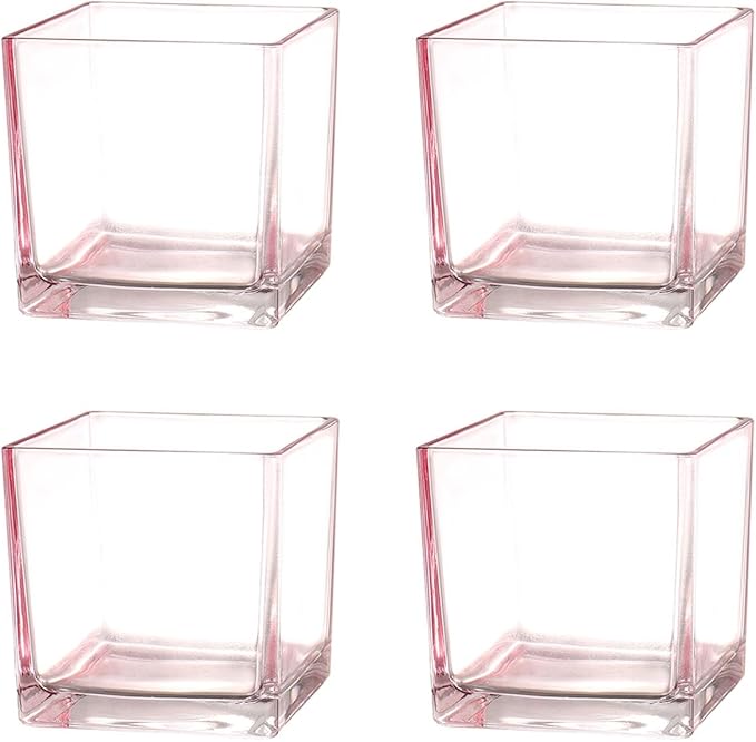 Square Glass Vases Set of 4, 4"x 4"x 4" Flower Vases for Centerpieces, Pink Glass Vase for Flowers, Small Vase for Wedding, Party, Home Office Decoration