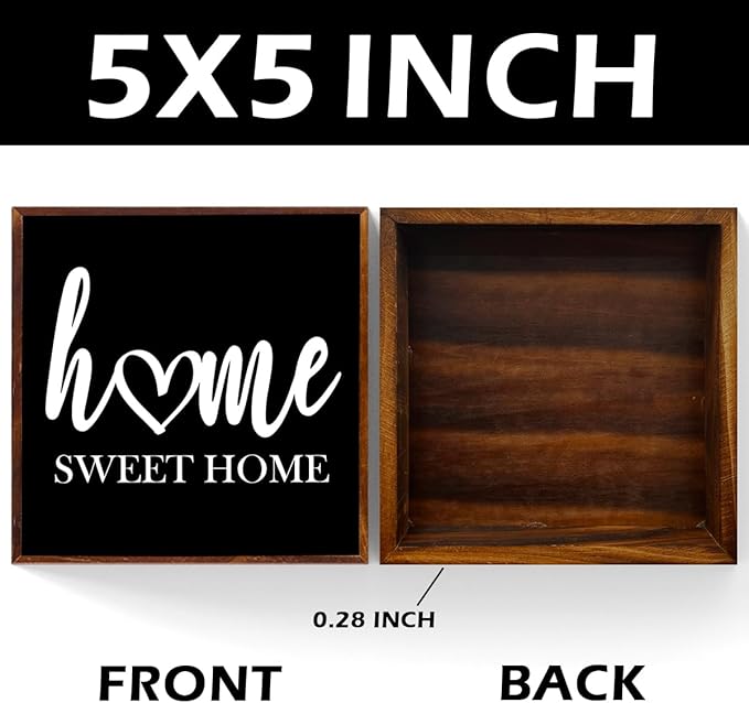 Home Sweet Home Sign Wooden Box Decorative,Home Sweet Home Decor Wood Box Sign，Rustic Farmhouse Square Decor Sign for Tabletop Home Living Room Decor 5 x 5 Inches （black）