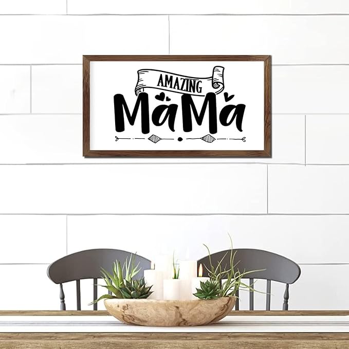 Family Lettering 12x22in Wood Sign with Positive Quotes Amazing Mama Apricot Frame Wooden Plaque Birthday Housewarming Gift for Cottage Shelf Garden Yard Farmhouse Porch Cafe Bar Wall Decor