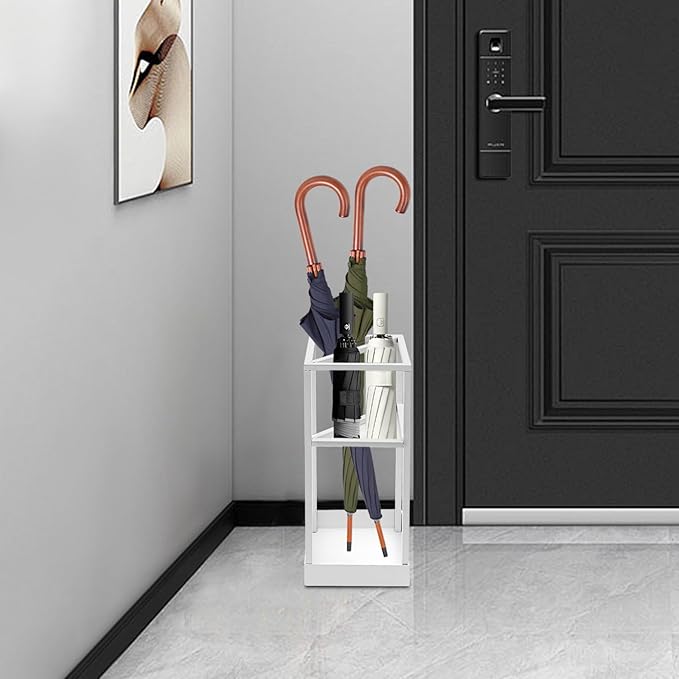 Umbrella Stand, 2-Tier Umbrella Holder with Drip Tray for Entryway, Freestanding Umbrella Rack Organizer for Walking Sticks & Canes, White Iron Modern Design for Home Office Hallway