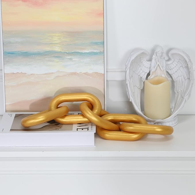 HMASYO Golden Wood Chain Link Decor, 5-Link Wooden Decorative Chain Home Decor Accents, Coffee Table Decor, Shelf Decor Aesthetic, Modern Bookshelf Table Decorative Objects for Living Room