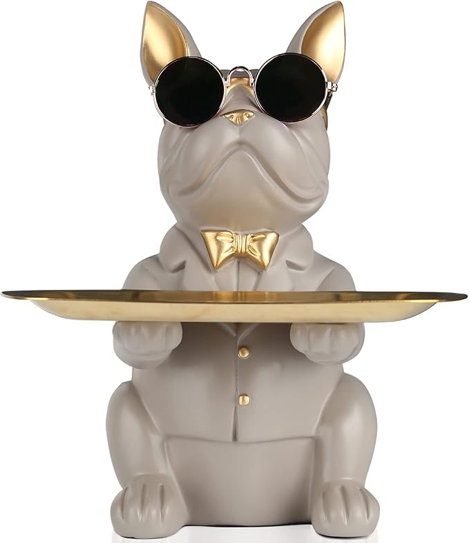 Modern Decor Resin Gray Bulldog Tray Statue Tray Storage Key Holder Candy Jewelry Earrings Tray Suitable for Home Decor Modern Art Dining Table Decor Office Small Object Tray (Gray)