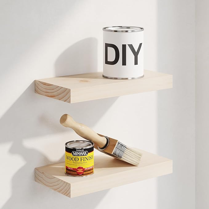 Homeforia Wood Floating Shelf 12 inch, High End Solid Natural Wood 12inch Floating Shelves for Wall Mounted, Unfinished Small Wooden Floating Shelves, Heavy Duty Bracket, 12 X 6.5 X 1.75 in, Set of 4