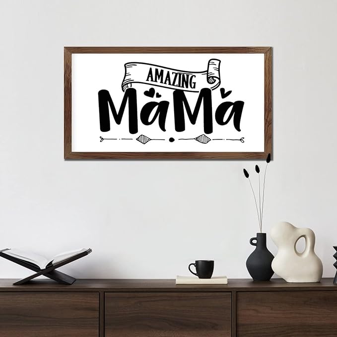 Family Lettering 12x22in Wood Sign with Positive Quotes Amazing Mama Apricot Frame Wooden Plaque Birthday Housewarming Gift for Cottage Shelf Garden Yard Farmhouse Porch Cafe Bar Wall Decor