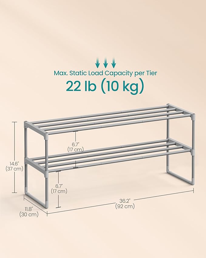 SONGMICS Shoe Rack, 2-Tier Shoe Organizer, Metal Storage Shelf, Upright or Upside Down, for 12-15 Pairs, Stackable, for Entryway, 11.8 x 36.2 x 14.6 Inches, Gray ULSA012G01
