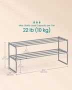 SONGMICS Shoe Rack, 2-Tier Shoe Organizer, Metal Storage Shelf, Upright or Upside Down, for 12-15 Pairs, Stackable, for Entryway, 11.8 x 36.2 x 14.6 Inches, Gray ULSA012G01