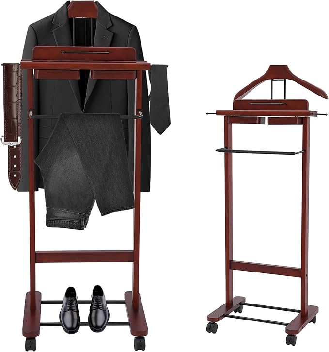Suit Valet Stand | Valet Stand for Man and Women | Wooden Valet Stand with Drawer | Freestanding Clothes Rack | Contour Hanger | Top Tray | Trouser Bar | Tie & Belt Hooks | Bottom Shoe Rack
