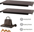 Industrial Pipe Clothing Rack with 2 Floating Shelves, 4 Hanging Rods Wall Mounted Garment Rack, Heavy Duty Iron Clothes Bar, Space-Saving Clothing Hanging Rails for Closet (4 hanging rods 2 shelves)