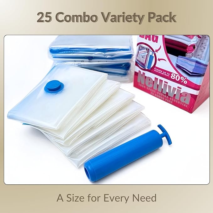 25 Pack Vacuum Storage Bags with Pump, Compression Space Saver for Comforter, Bedding, Blanket Storage, Vacuum Seal Bags for Clothing, Luggage and Closet Organizer