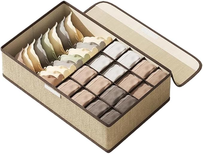 Sock Underwear Organizer Divider with Lid, 1+16 Cells Drawer Fabric Foldable Cabinet Closet Storage Boxes for Storing Socks, Underwear, Ties (Beige)