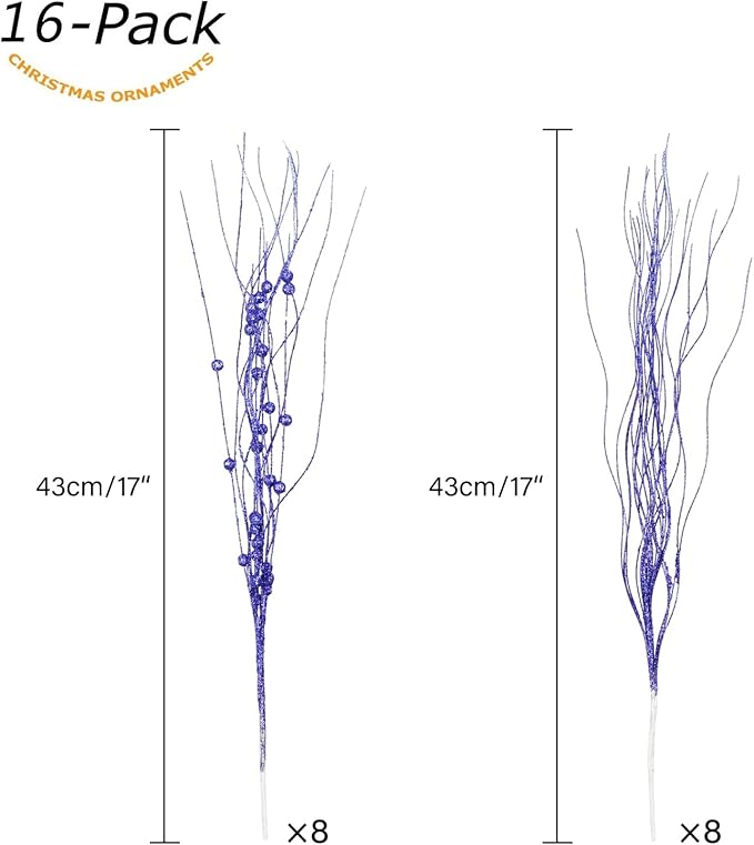 SLK 16-Pack Artificial Glitter Berry Stem Ornaments, Christmas Decorative Glittery Twigs, Picks, Branches for Tree, Wreath, Small Vase, Halloween Party (Royal Blue)