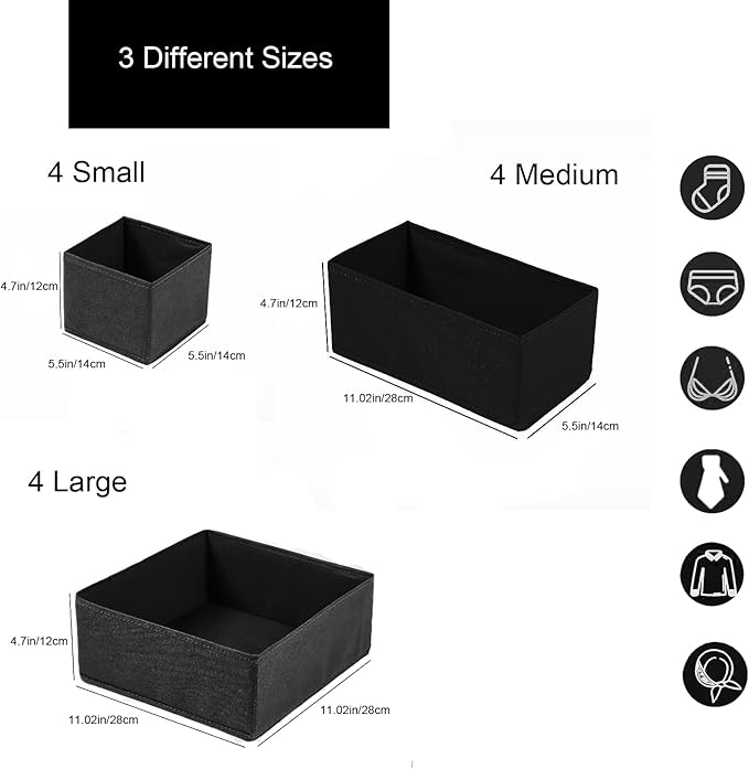 Drawer Organizer,12Pcs Dresser Drawer Organizers Foldable Closet Organization and Storage Dividers for Underwear, Sock, Baby Closet Organizer(Black)