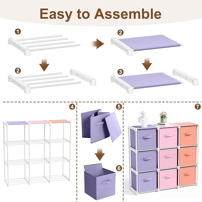 9 Cube Storage Organizer with Shelf Back to School Boxes 11 Inch Toy Storage Bins Closet Organizers Drawers Fabric Dresser for Playroom Books Bedroom Dorm Kitchen (Pink,Purple,Orange)