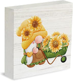 Farmhouse Sunflower Gnome Wooden Box Sign Rustic Country Sunflowers Truck Box Sign Wood Sign Decor Summer Square Wood Sign Home Desk Tabletop Shelf Decor 5 x 5