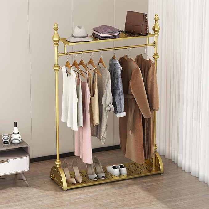 Clothing Rack Gold, Industrial Clothes Rack for hanging Clothes with Double Shelves Freestanding Multi-functional Heavy Duty Garment Rack, Metal Movable Portable Coat Rack for Organizing Clothes Shoes