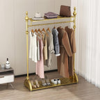 Clothing Rack Gold, Industrial Clothes Rack for hanging Clothes with Double Shelves Freestanding Multi-functional Heavy Duty Garment Rack, Metal Movable Portable Coat Rack for Organizing Clothes Shoes