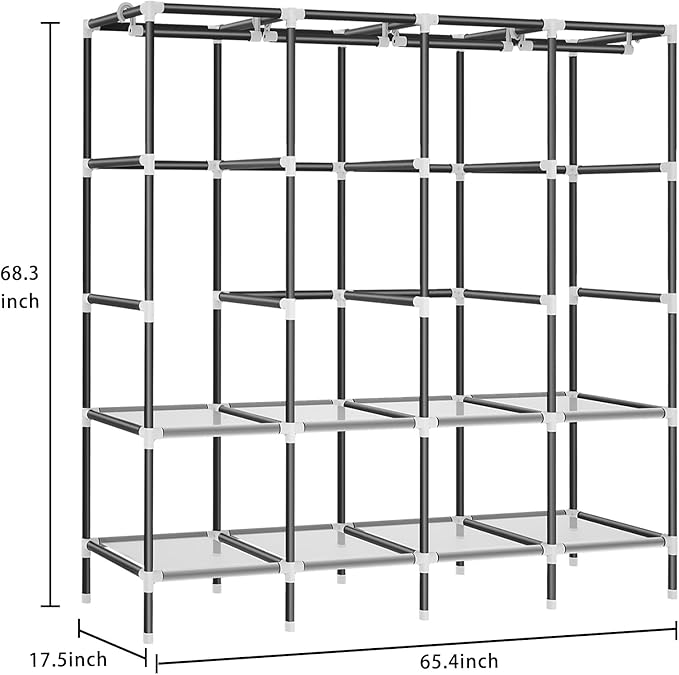 LOKEME Wardrobe Closet，Grey Portable Closet with Zippers， 65.4Inches 19mm Diameter，Portable Closets for Hanging Clothes，with 4 booms and Storage cabinets，Spacious Large -Capacity Storage Space