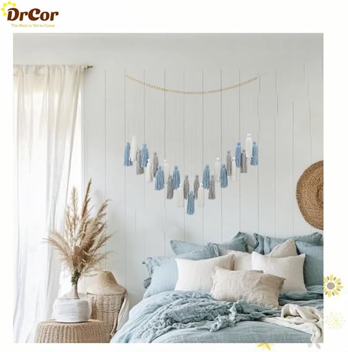 DrCor Dusty Blue Boho Macrame Garland – Serene Wall Hanging for Living Room, Bedroom or Reading Corner, Dorm Room or Study Decor, Coastal Boho Mantel or Entryway Decoration
