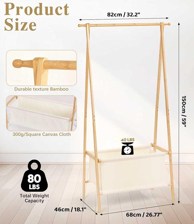 Bamboo Clothes Rack with Storage Box, Portable Extra Large Garment Rack Clothing Rack, Foldable Wardrobe For Entryway and Bed Room (M)