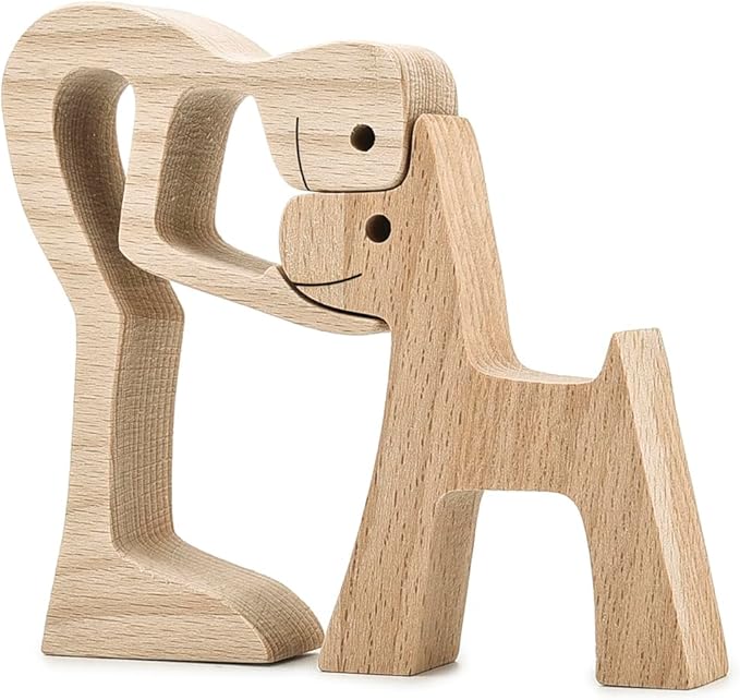 ISHINE Wood Decor Wooden Statue Man and Dog Figurine Handmade Carved Creative Home Office Gift for Men Women Accents Decoration Natural ECO Friendly 7x3 inches (B-Man Kisses Dog)
