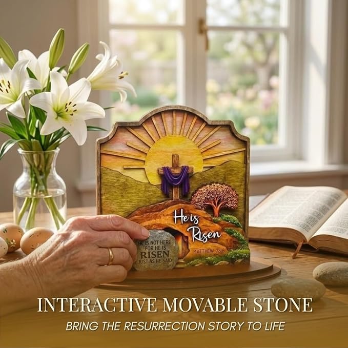 KATINAT He Is Risen Easter Decor, 3-Layer Wooden Empty Tomb Scene with Movable Stone, Religious Easter Decorations for Home Tabletop Shelf, Christian Gift Box Included, 6x6 Inch