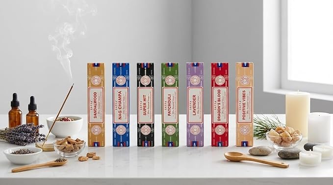 Satya Incense Gift Set Nag Champa, Super hit, Dragon's Blood, Sandalwood, Patchouli, Lavender, Positive Vibes, 15 g