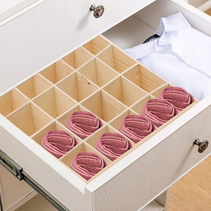 Set of 2 - Wooden Drawer Organizers with 20 Compartments | Space-Saving Belt, Tie, and Sock Organizer | Stackable Desktop Storage Box for Neat and Tidy Dresser, Closet, Under-Bed Storage