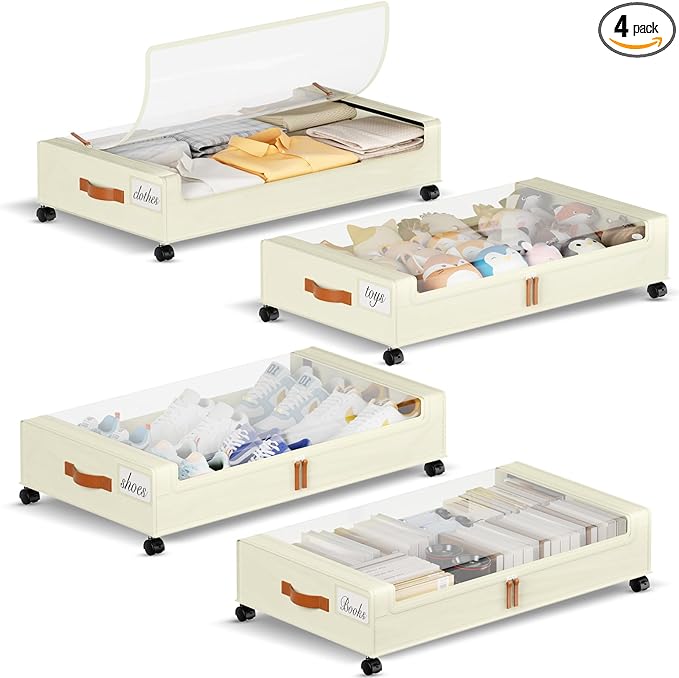 Yecaye Under Bed Storage with Wheels, 4 Pack Under the Bed Storage Containers with Lids & Label, XXL 60L Rolling Underbed Storage Drawers for Clothes, Blankets, Shoes, Beige