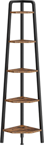 CHOEZON Corner Shelf, 5-Tier Ladder Corner Shelf, Ladder Bookshelf, 59.6" Tall Vertical Display Stand, Metal Frame Bookshelf, for Living Room, Bedroom, Kitchen, Rustic Brown and Black TCJ20BF