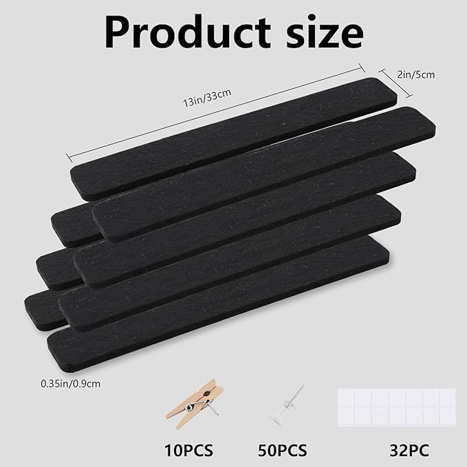 Vuzvuv 8 pcs Bulletin Board Bar Strips No Adhesive Backing with Glue Points ，Self Adhesive Cork Board for Wall，Felt Pin Board for School，Office Decor(Black)