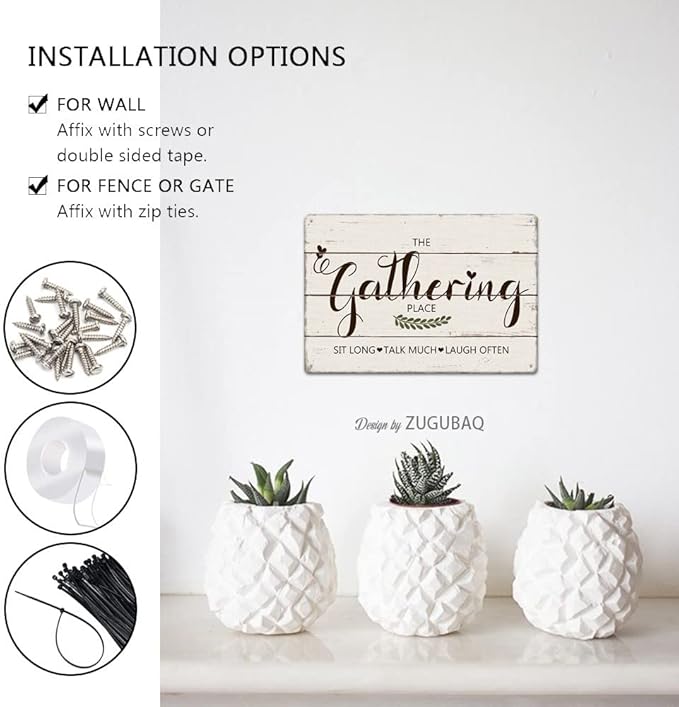 Funny Kitchen Signs Decor-Personalized Kitchen Metal Sign-Kitchen Counter Accessories-12x8 Inch Hanging Plaque Home Farmhouse Wall Decorations-The Gathering Place Sit Long Talk Much Laugh Often