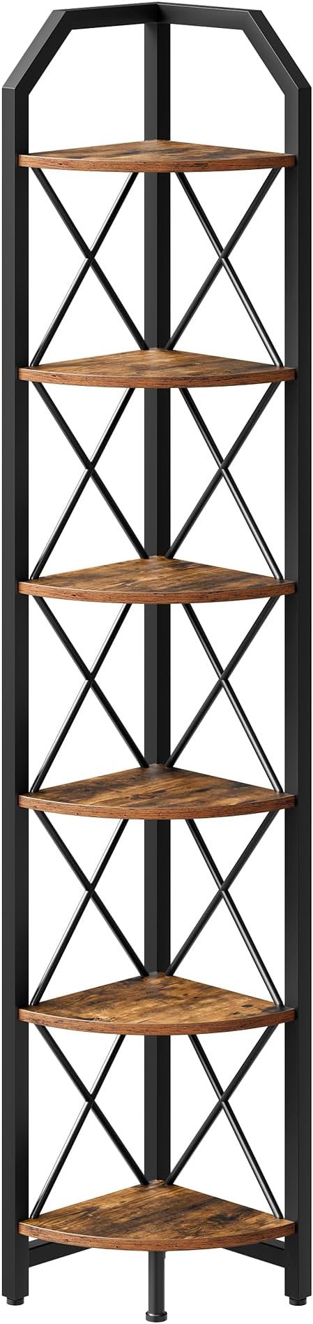 CHOEZON 6-Tier Corner Shelf, Industrial Corner Bookshelf, 71.2" Corner Storage Stand, Plant Stand Display Shelf, Corner Bookcase for Bedroom, Living Room, Home Office, Rustic Brown and Black TCJ11BF