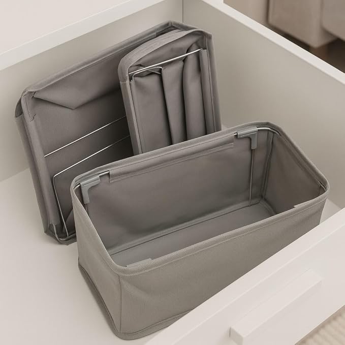 4-Pack Foldable Drawer Organizers with Metal Frame Support – Sturdy Fabric Storage Bins for Socks, Underwear, Baby Clothes & Belts, Closet Dividers (Grey) (11.8 x 5.9 x 4.21 inc)