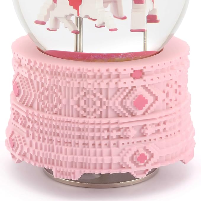 Pixel-Design Carousel Snow Globe Music Box, Compact Decorative Gift for Collectors and Home Accents, Subtle Pink Edition, Plays Toyland Melody
