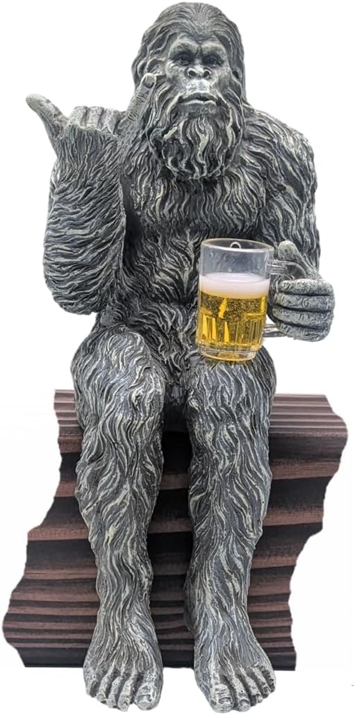 John Bernard & Company Party Bigfoot Male Hang Loose Beer Drinking Decorative Sasquatch Yeti Statue/Figurine 10 Inch H Shelf Sitter Figurine (Stone Gray)