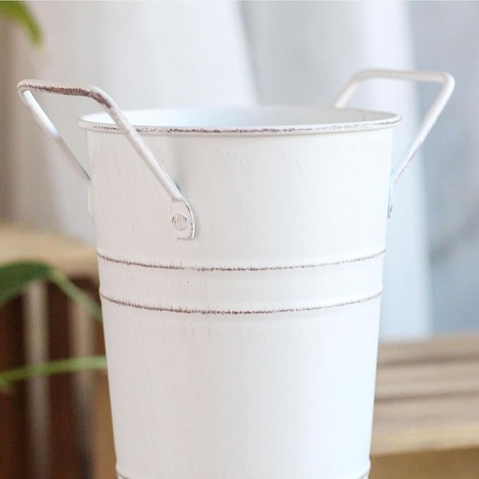 Umbrella Stand Holder Metal Umbrella Bucket Freestanding Umbrella Rack Barrel Canes Walking Sticks Clubs Organizer Rustic Floral Bucket Floor Vase for Entryway Porch Indoor (White)