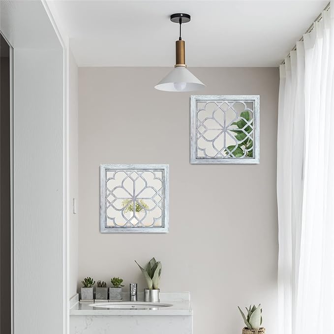 Wocred 2 PCS Square Wall Mirror,Gorgeous Rustic Farmhouse Accent,Rustic White Color Entry for Bathroom Renovation,Bedrooms,Living Rooms and More(12”x12”)