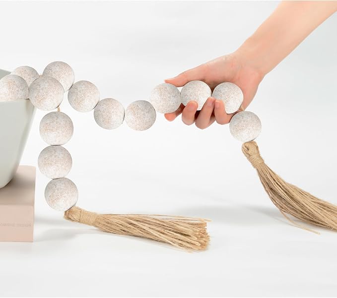 OMISHE Extra Large Wood Bead Garland Rustic White with 1.6" Diameter Wooden Beads and Tassels, 41" Long Rustic Farmhouse Country Decorative Beads for Home Tray Decor, Rustic White